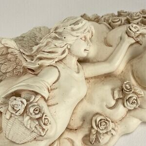 Vintage Angel Wall Plaque Floral Fairy White Plaster Cottagecore